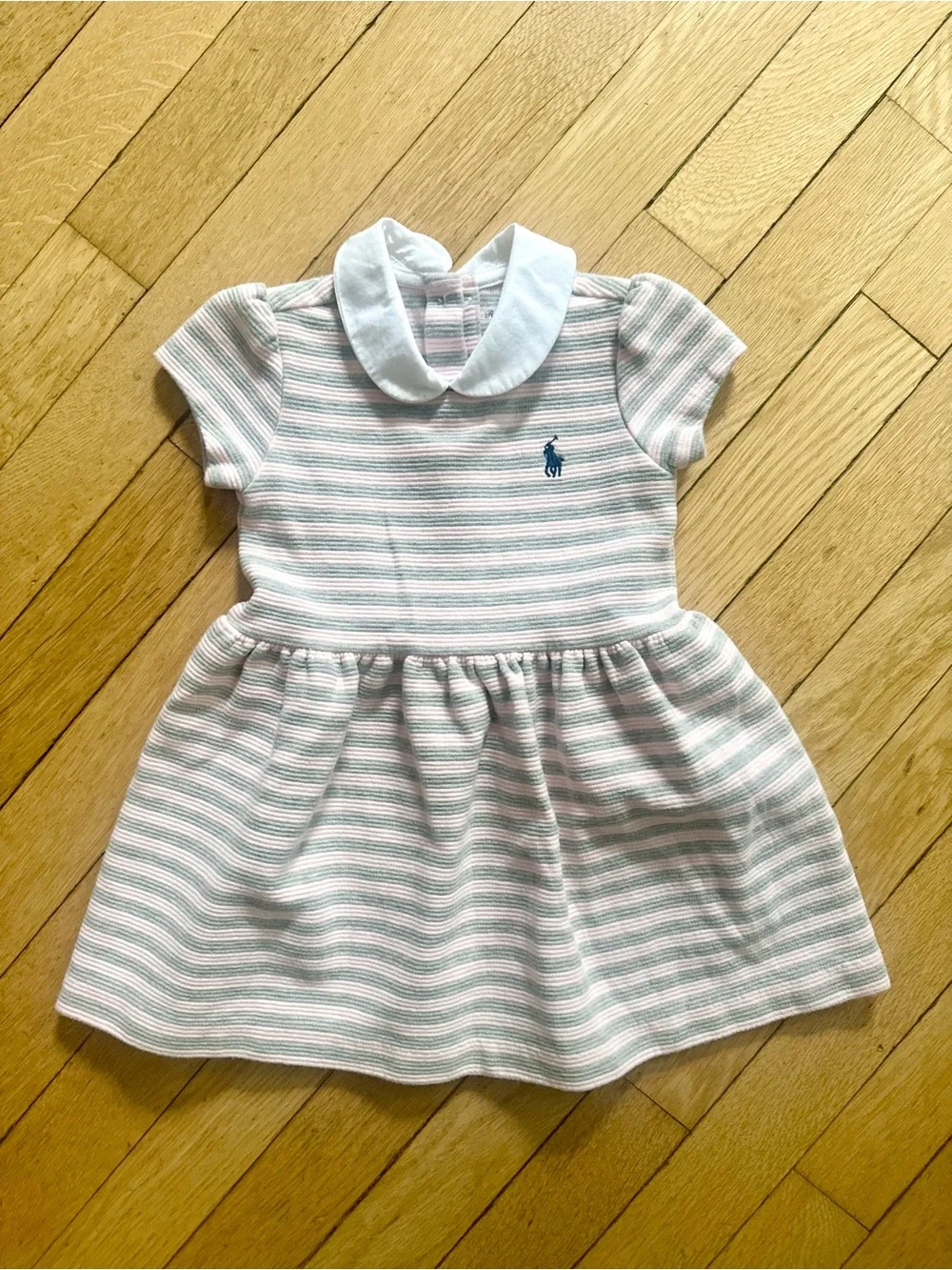 Ralph Lauren Baby Pink & White Striped Short-Sleeve Dress with Peter Pan Collar